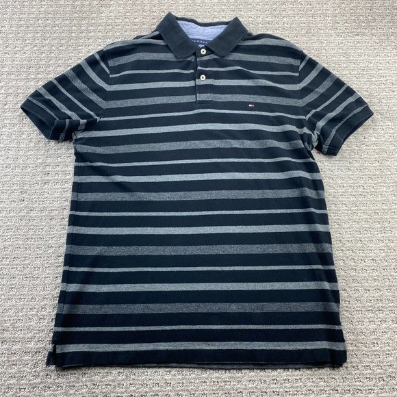 Tommy Hilfiger Polo Shirt Men Large L Gray Black Striped Slim Fit Casual Button - Picture 1 of 10